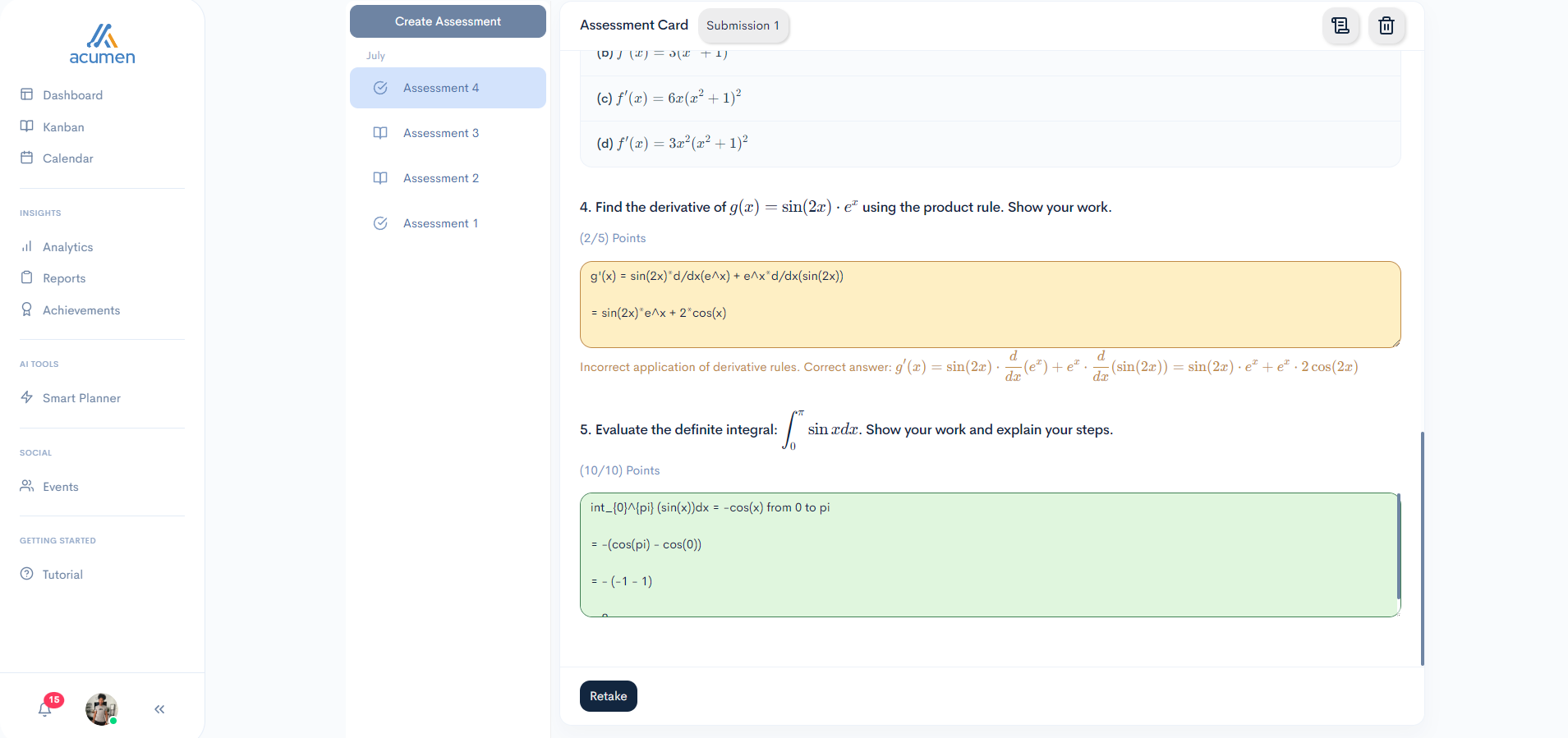 Smart planner assessments screenshot